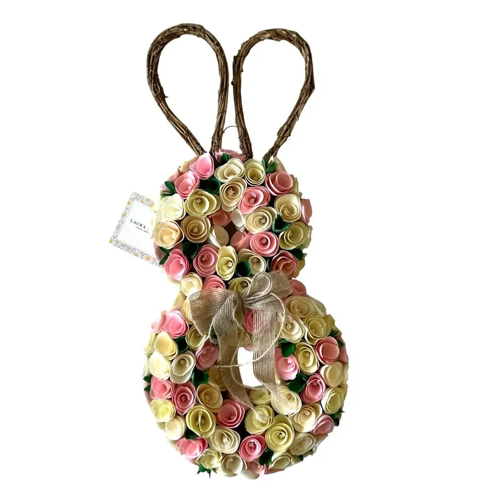 Bunny Shaped Wood Curl Floral Wreath 24in Pink & Yellow Easter Spring Decor NEW